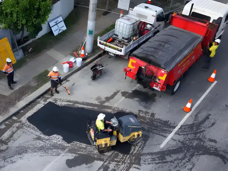 Aerial view of asphalt road maintenance with traffic management vehicles, cones, and machinery