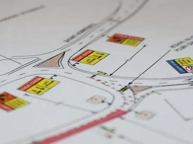 Traffic management consulting and roadwork planning layout on technical document