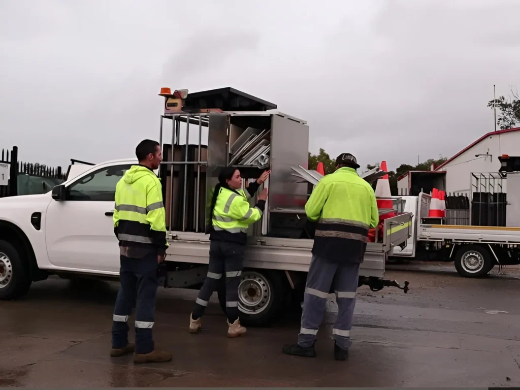 Traffic management team loading equipment onto vehicle for roadwork setup and operations